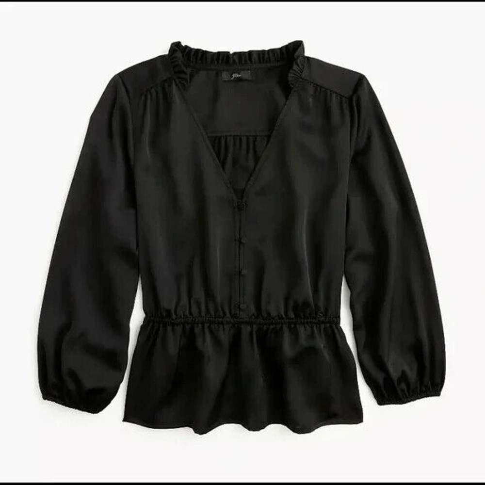J CREW Womens V-Neck Button-Detail Peplum Top Size 4 Black Ruffle Boho Peasant